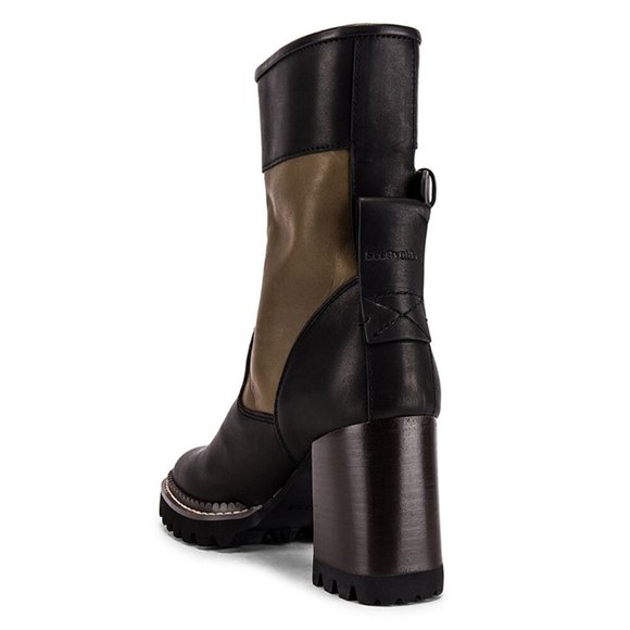 NWT See By Chloe Bryn Bootie Chunky Heel Ankle Boot Natural Calf Nero & Savana - Picture 3 of 10